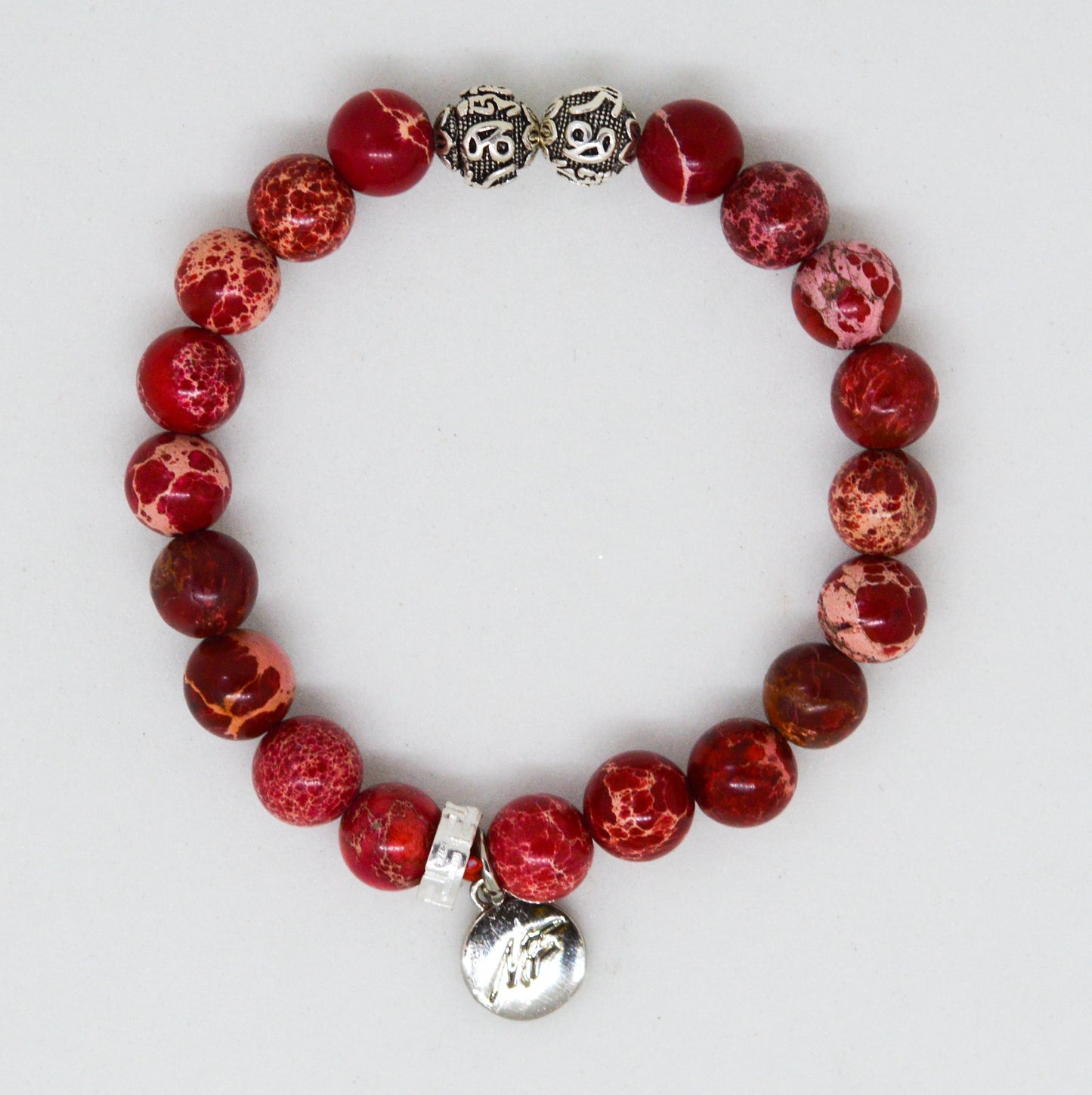 Hued Red Jasper Stone Silver Bead Bracelet (8 MM)