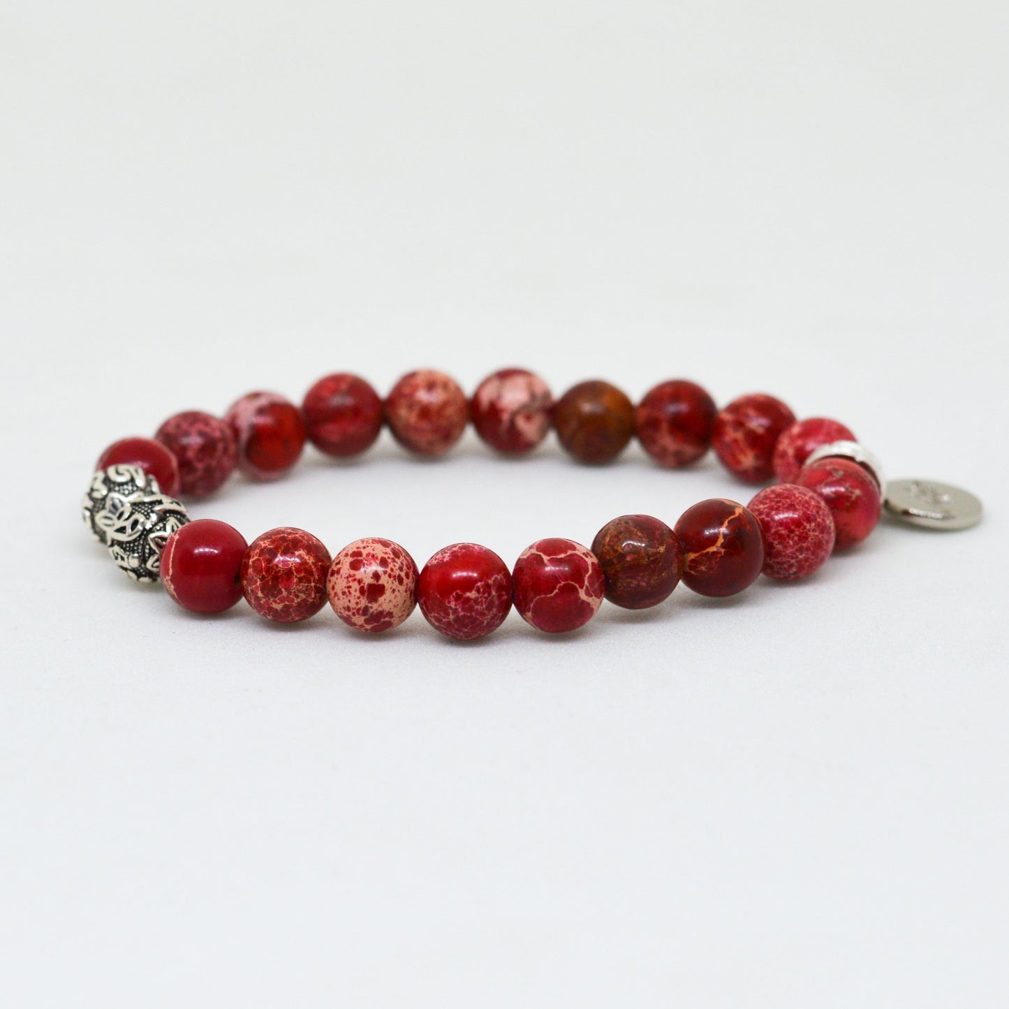 Hued Red Jasper Stone Silver Bead Bracelet (8 MM)