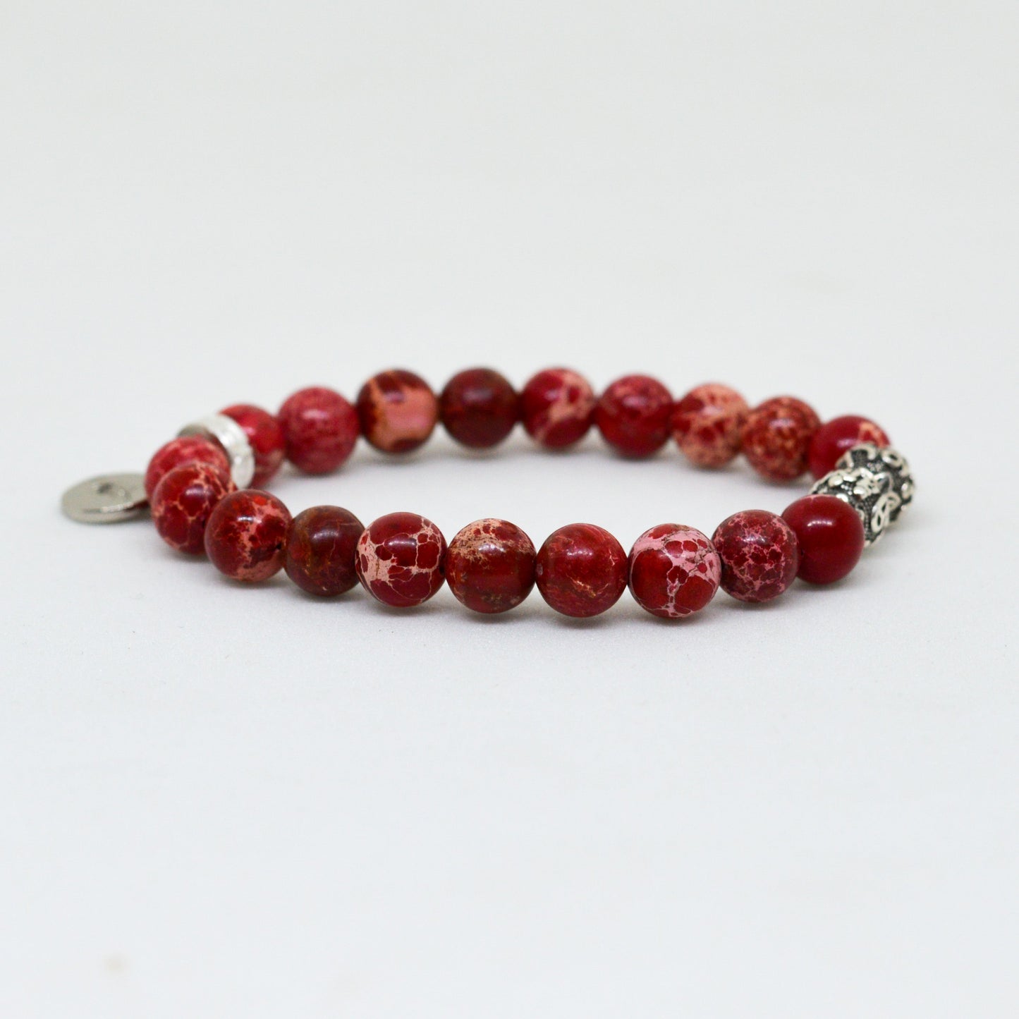 Hued Red Jasper Stone Silver Bead Bracelet (8 MM)