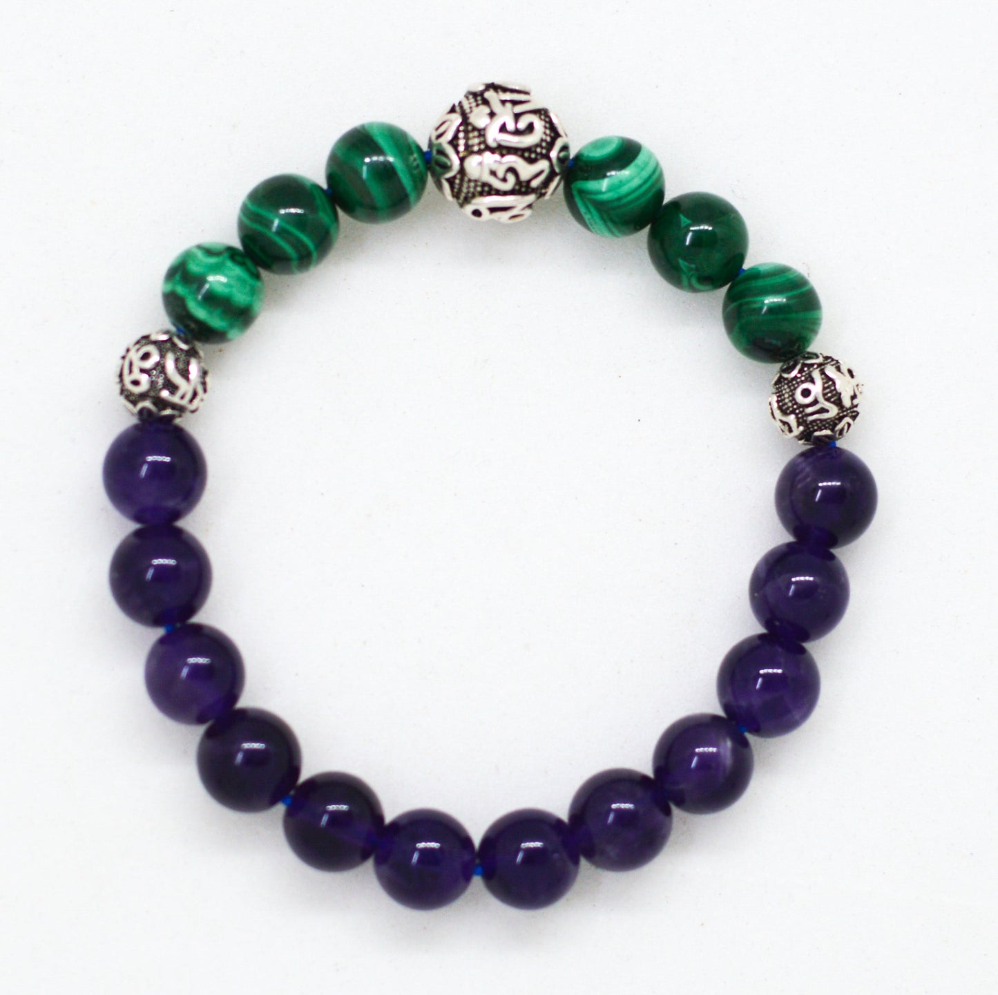 Malachite & Amethyst Stone Silver Bead Bracelet