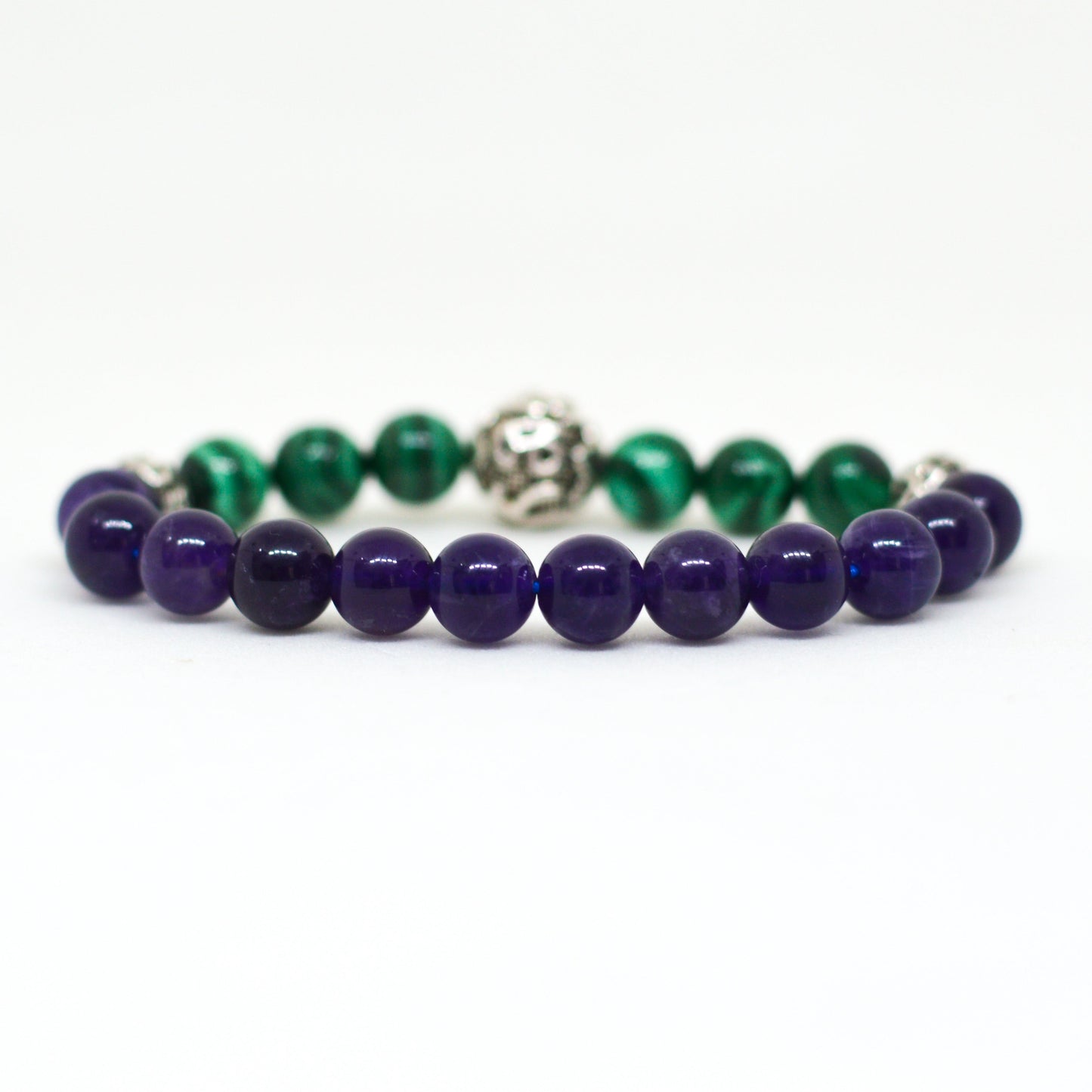 Malachite & Amethyst Stone Silver Bead Bracelet