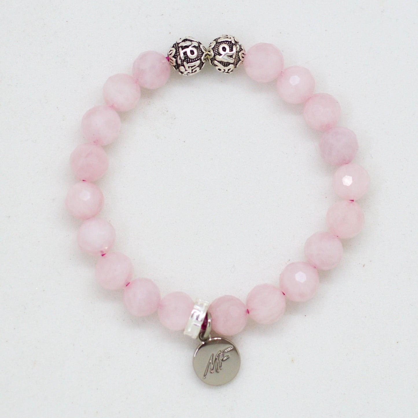 Rose Quartz Super Faceted Silver Bead Bracelet (8 MM)