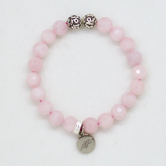 Rose Quartz Super Faceted Silver Bead Bracelet (8 MM)