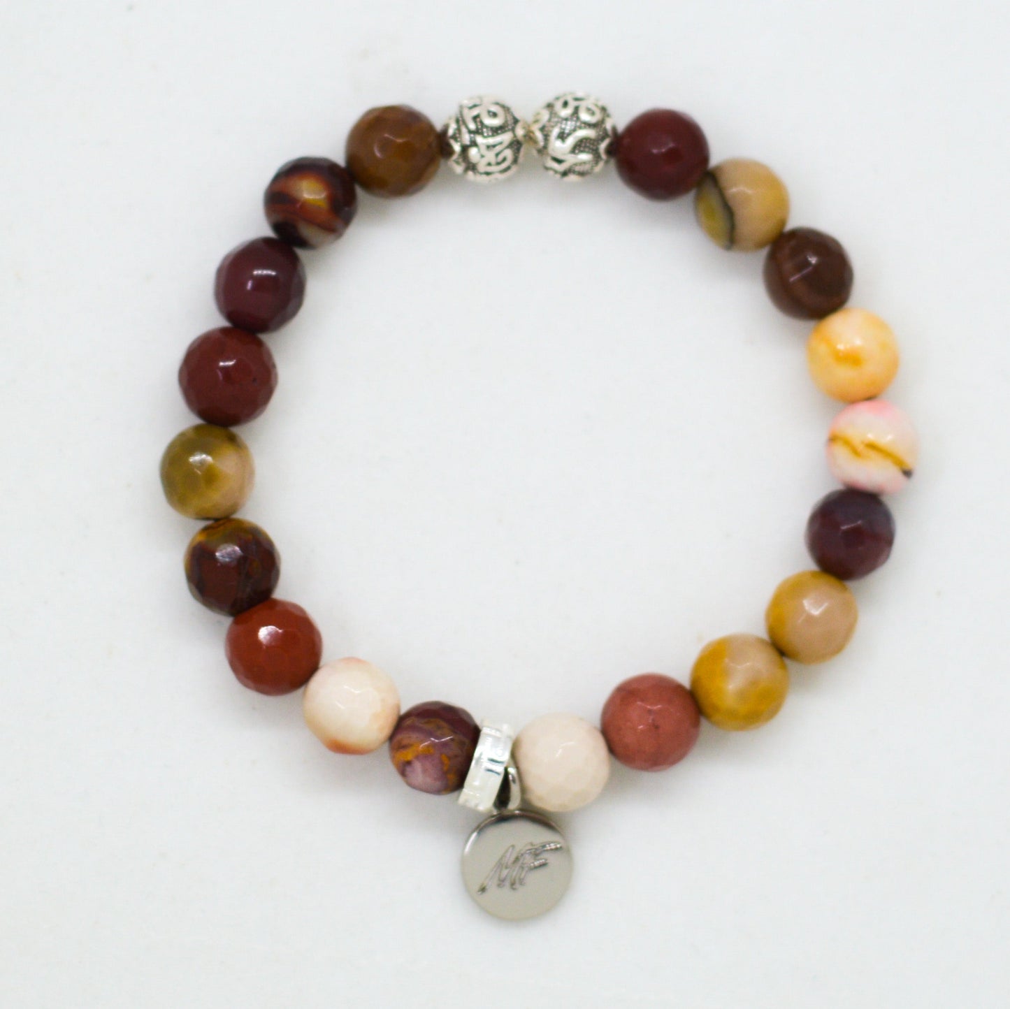 Mookaite Jasper Faceted Stone Silver Bead Bracelet (8 MM)