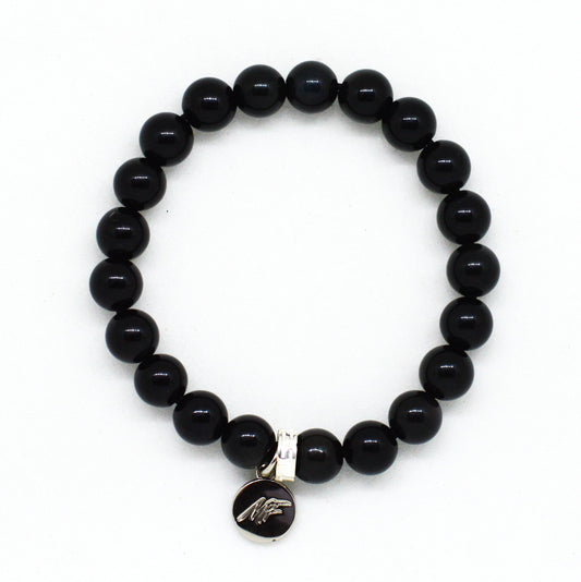 Black Obsidian Flat Silver Bead Bracelet (8 MM)