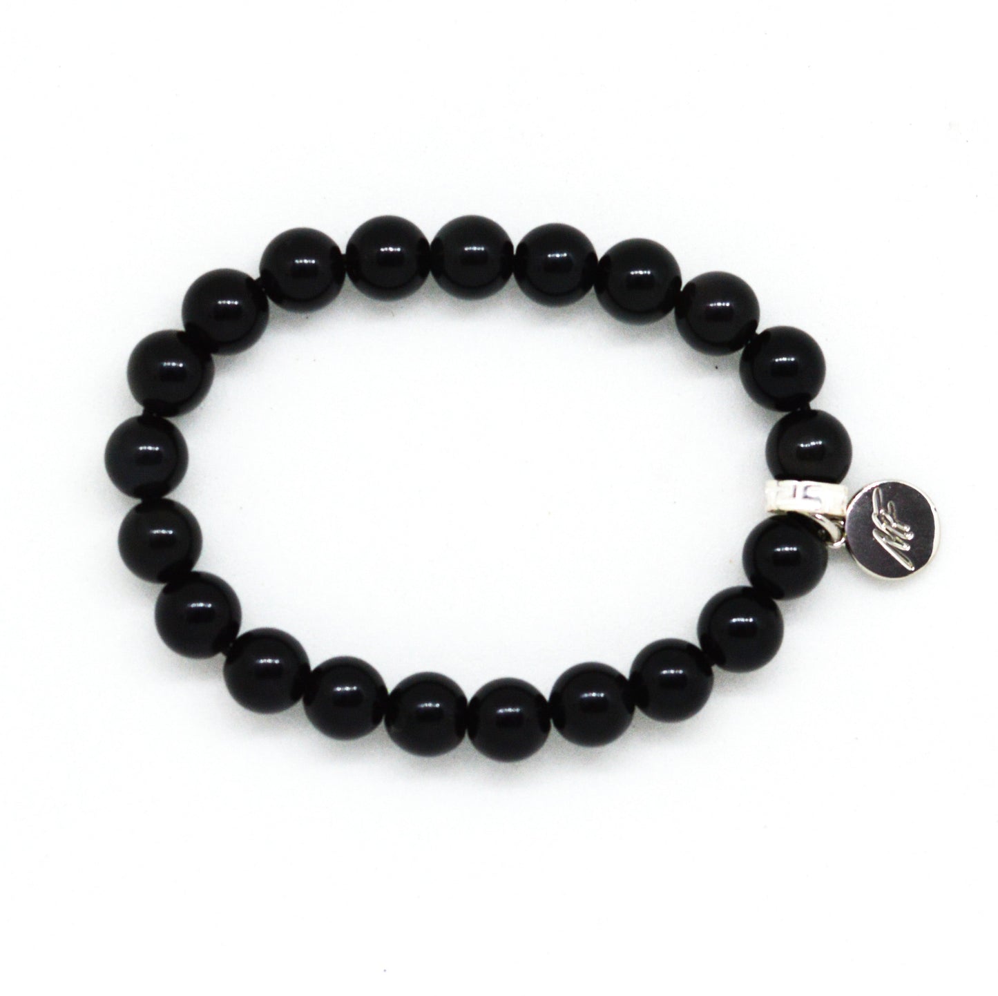 Black Obsidian Flat Silver Bead Bracelet (8 MM)