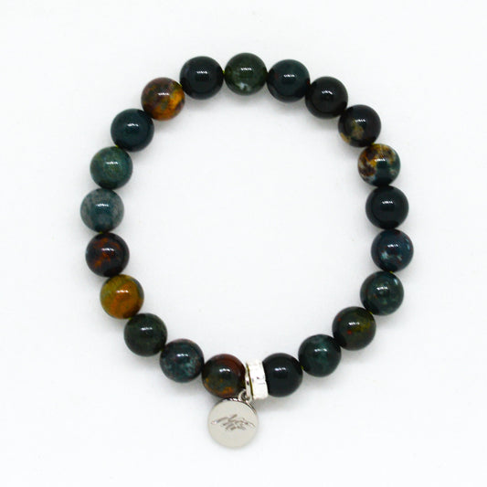 Natural Bloodstone Flat Silver Bead Bracelet (8 MM)