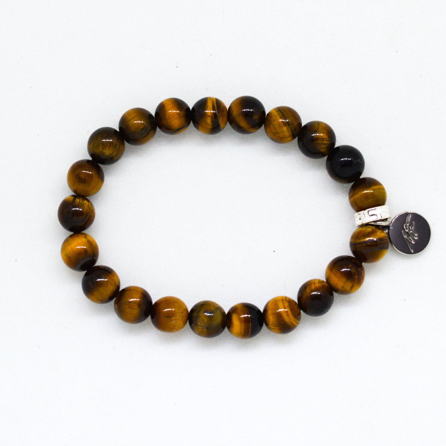 Tiger Eye Stone Flat Silver Bead Bracelet (8 MM)