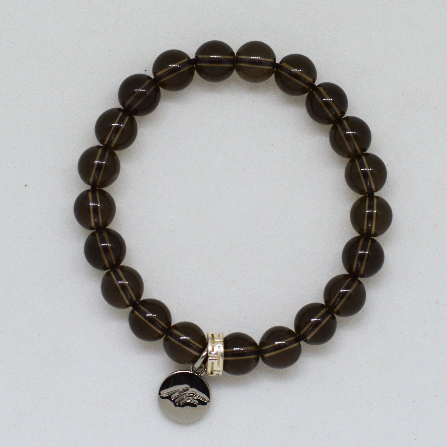 Smoky Quartz Stone Flat Silver Bead Bracelet (8 MM)