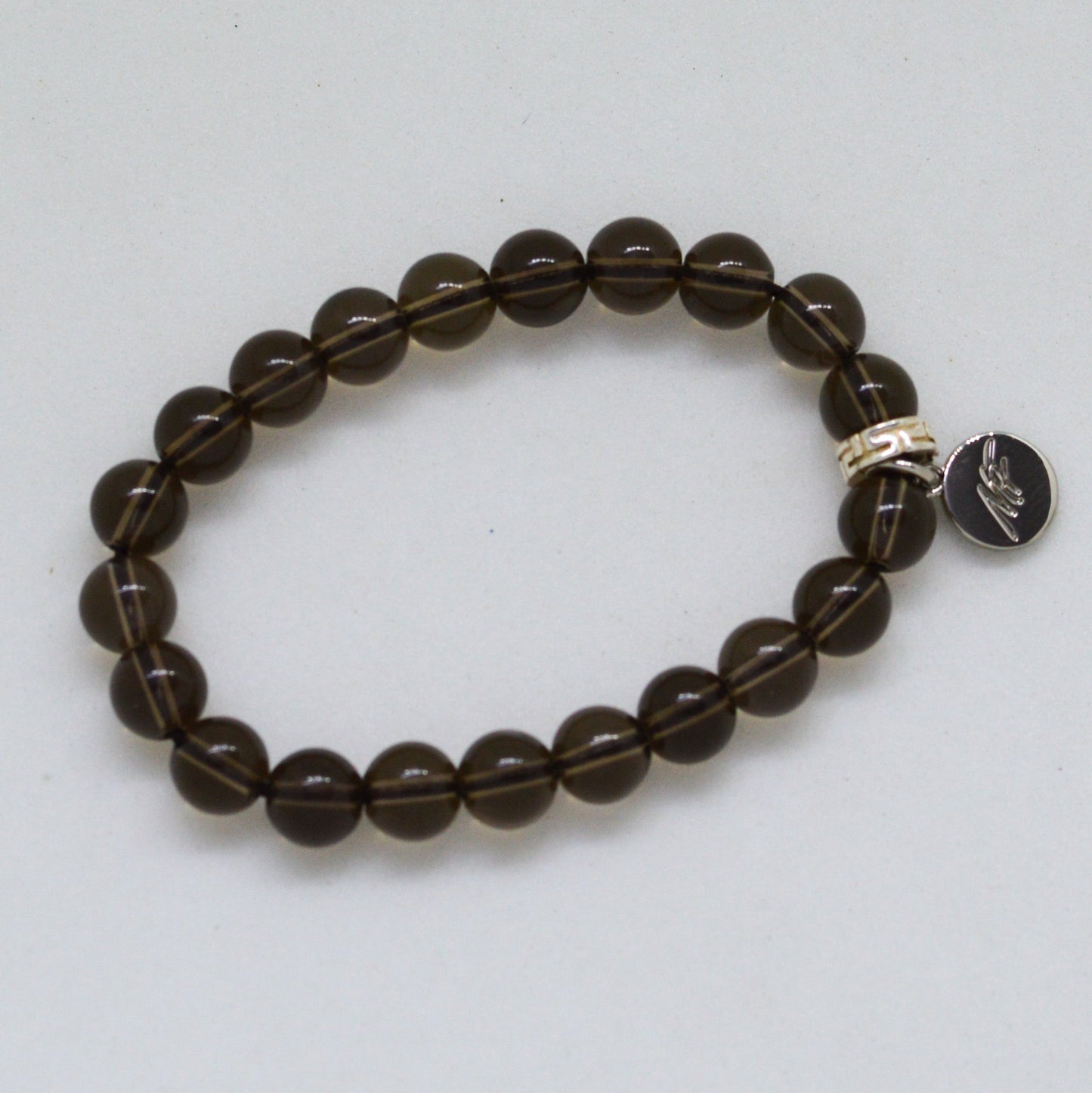 Smoky Quartz Stone Flat Silver Bead Bracelet (8 MM)