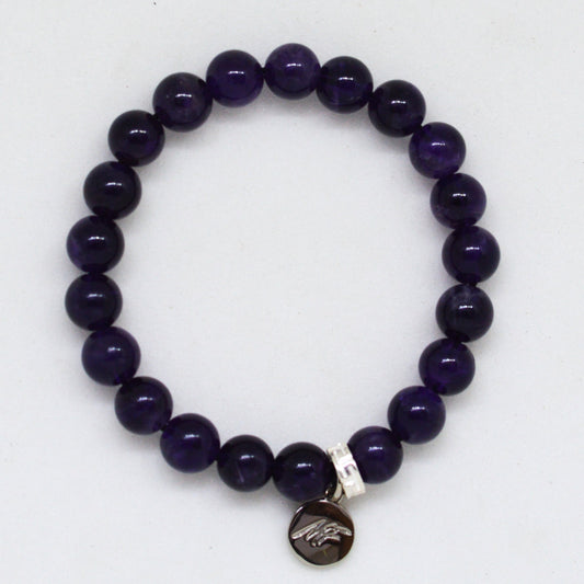 Amethyst Stone Flat Silver Bead Bracelet (8 MM)