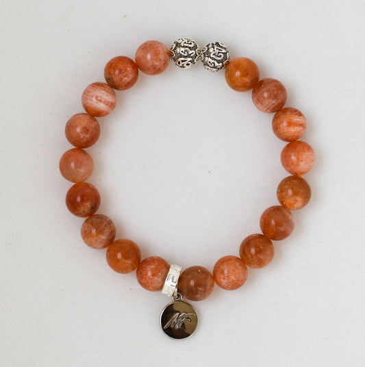 Natural Sunstone Silver Bead Bracelet (8 MM)