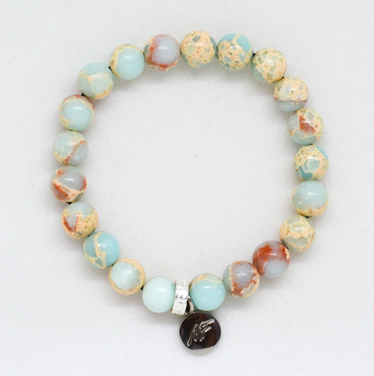 Snake Jasper Stone Flat Silver Bead Bracelet (8 MM)