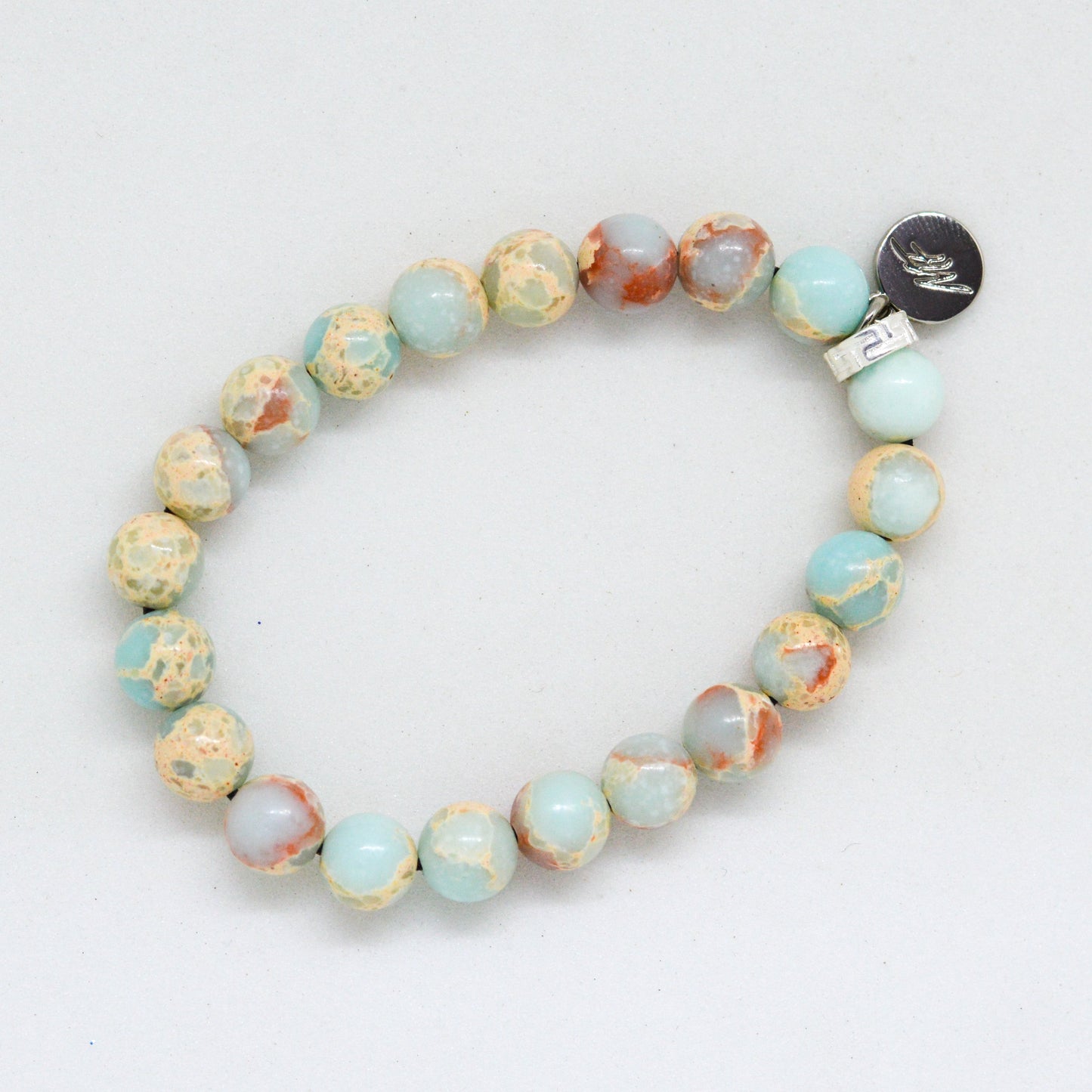 Snake Jasper Stone Flat Silver Bead Bracelet (8 MM)