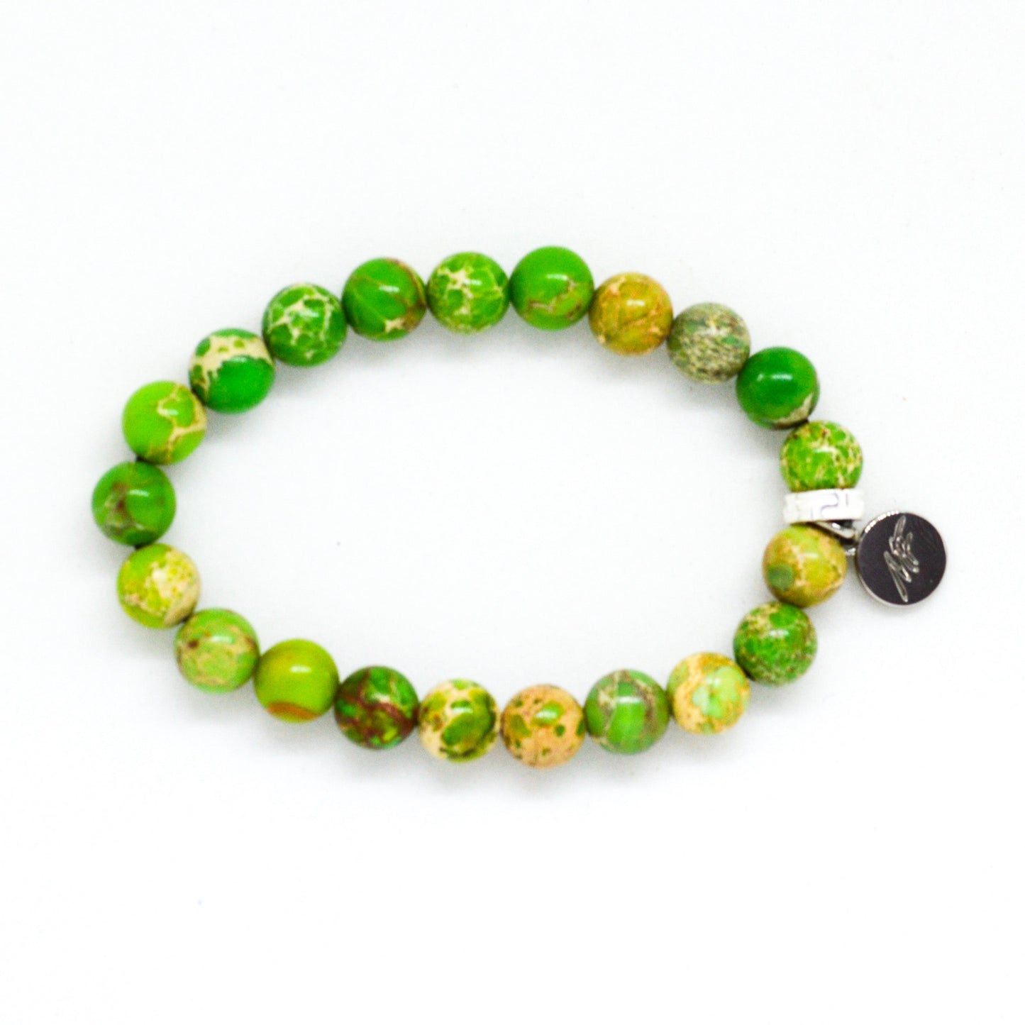 Olive Green Jasper Flat Silver Bead Bracelet (8 MM)