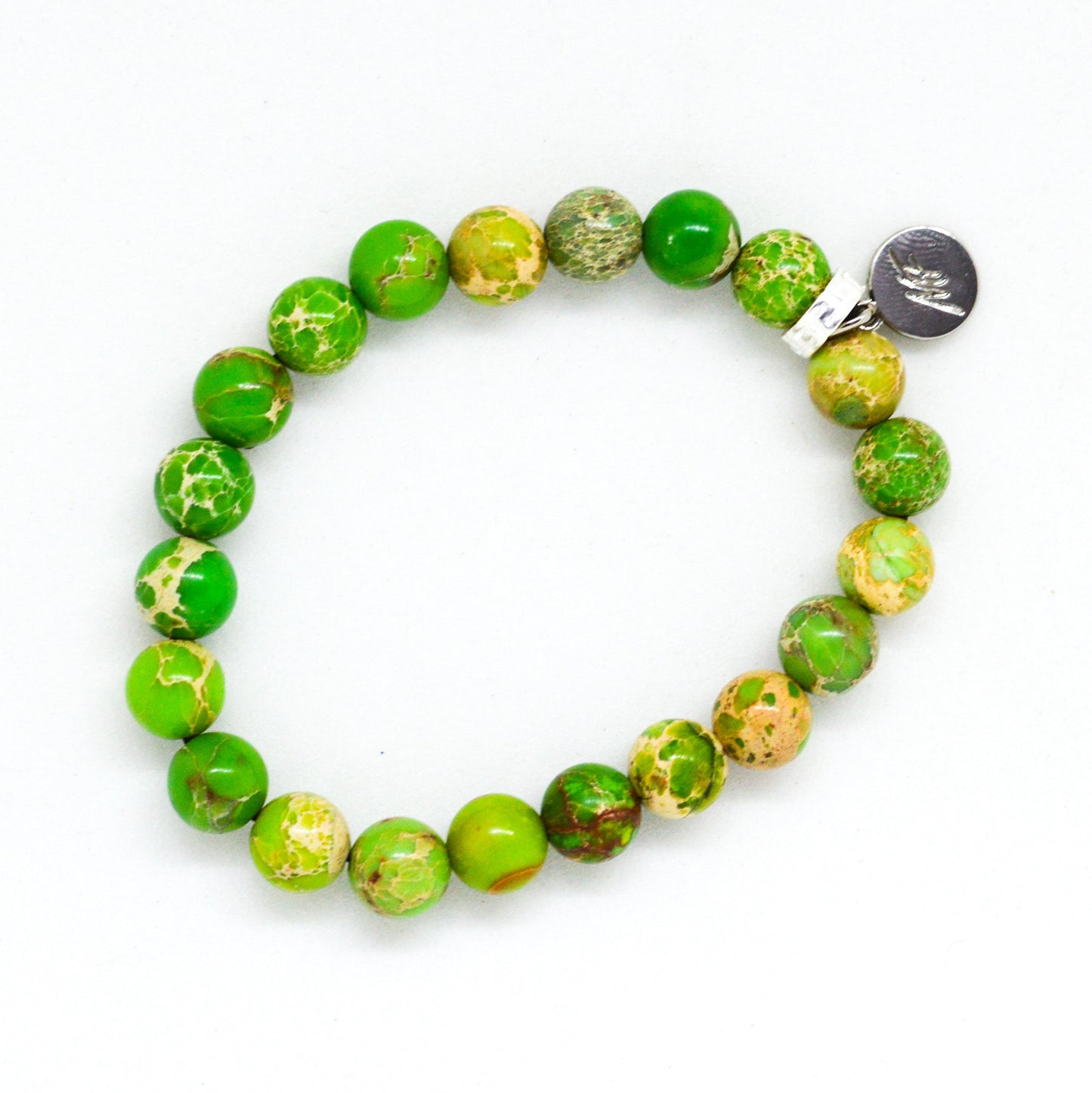 Olive Green Jasper Flat Silver Bead Bracelet (8 MM)