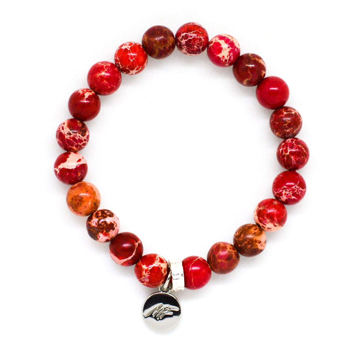 Hued Red Jasper Flat Silver Bead Bracelet (8 MM)