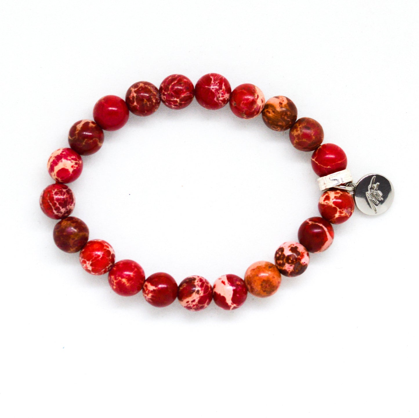 Hued Red Jasper Flat Silver Bead Bracelet (8 MM)