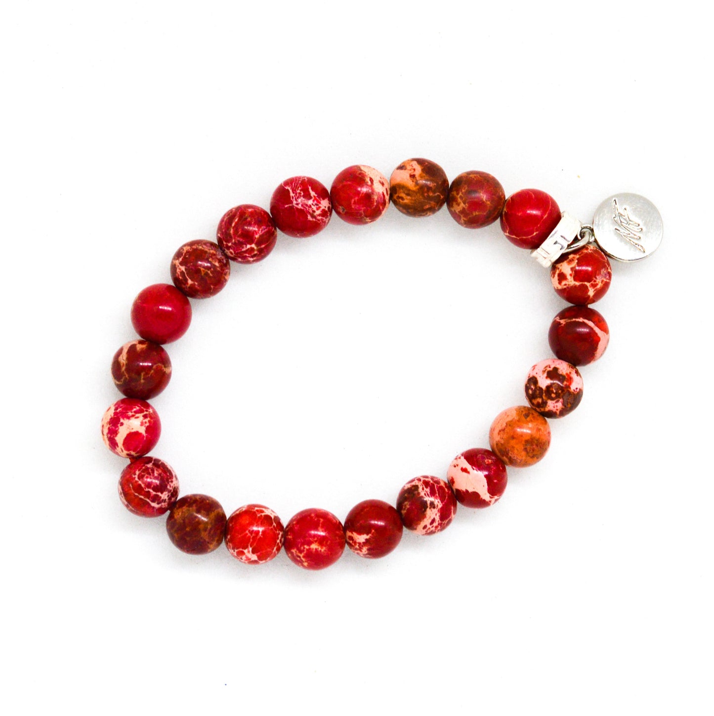 Hued Red Jasper Flat Silver Bead Bracelet (8 MM)