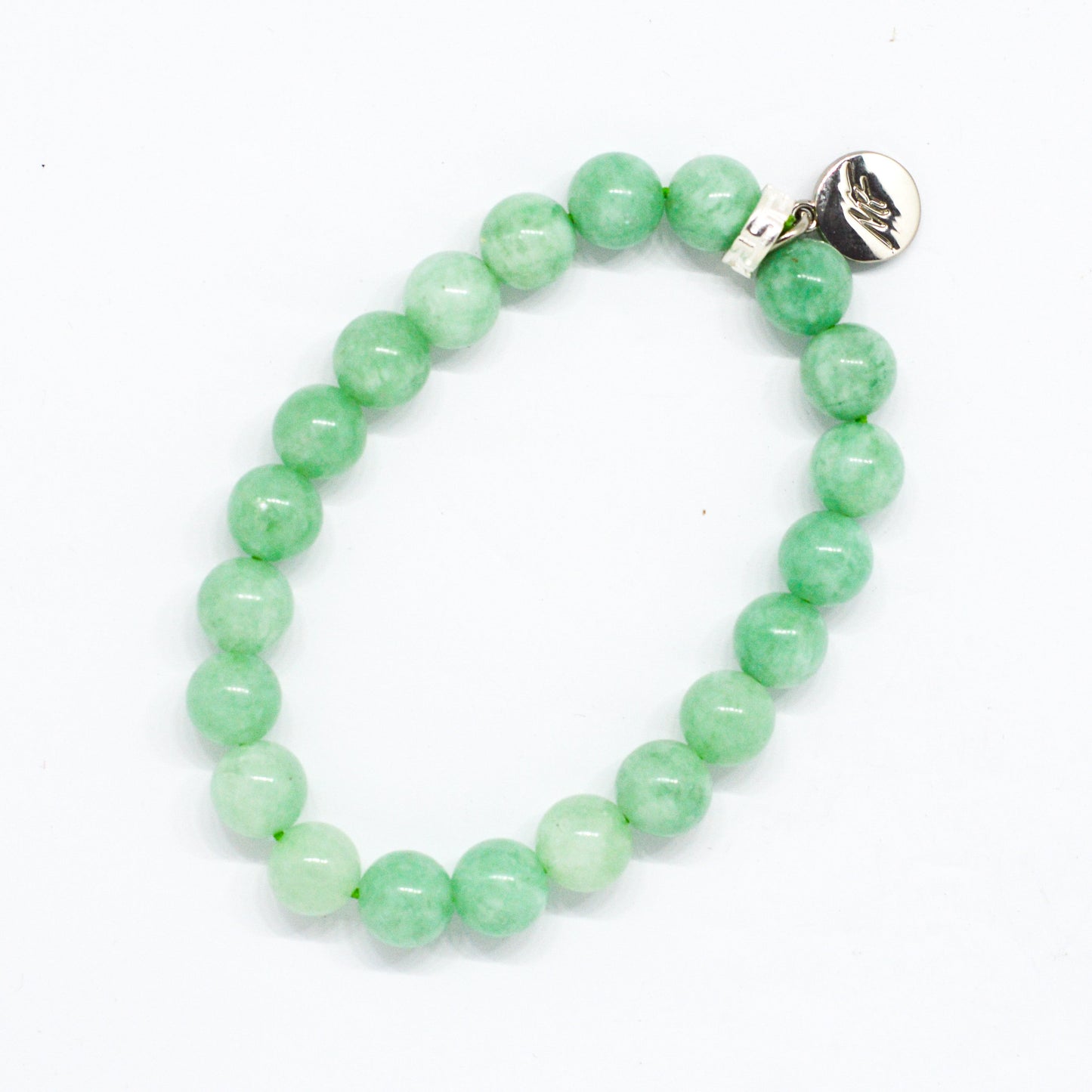 Jade Stone Flat Silver Bead Bracelet (8 MM)