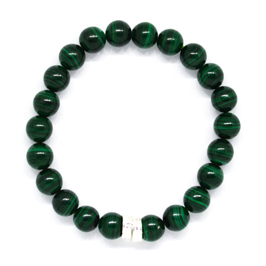 Malachite Stone Double Flat Silver Bracelet (8 MM)