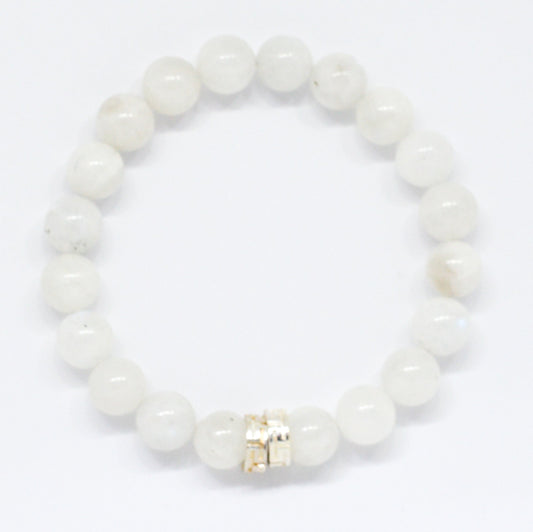 Moonstone Double Flat Silver Bead Bracelet (8 MM)