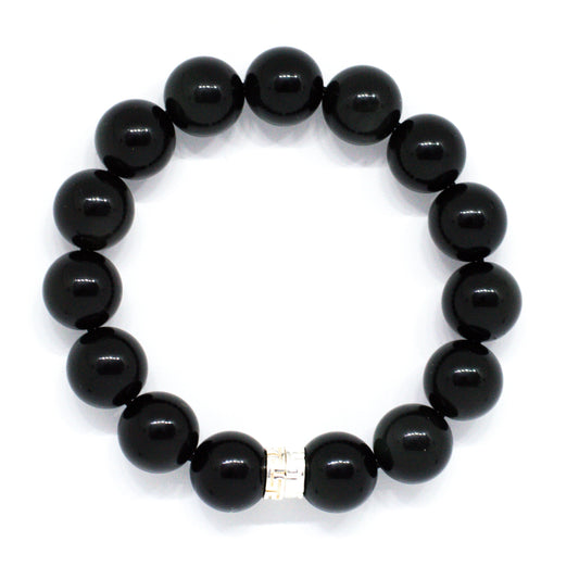 Black Obsidian Double Flat Silver Bead Bracelet (12 MM)