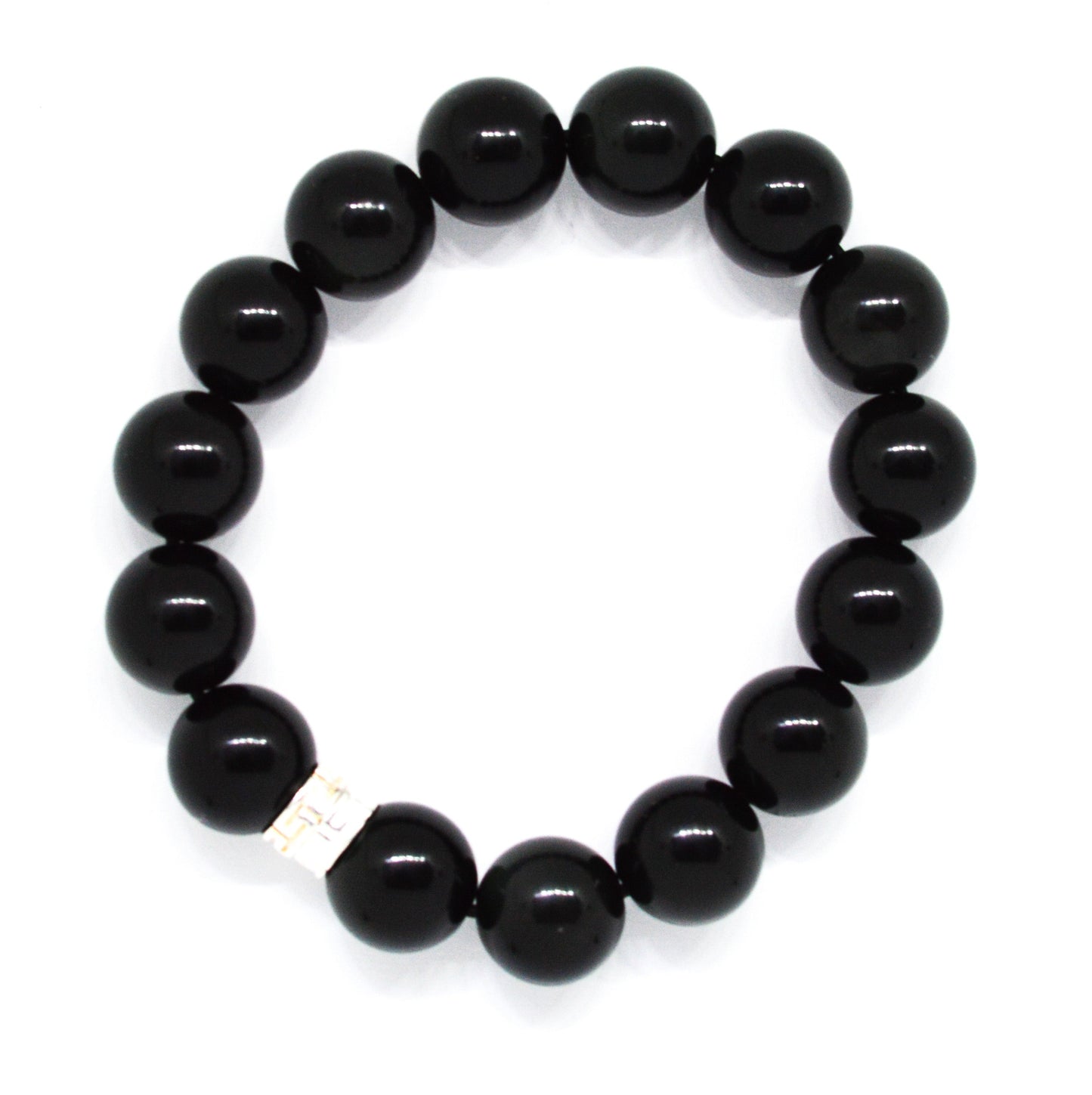 Black Obsidian Double Flat Silver Bead Bracelet (12 MM)