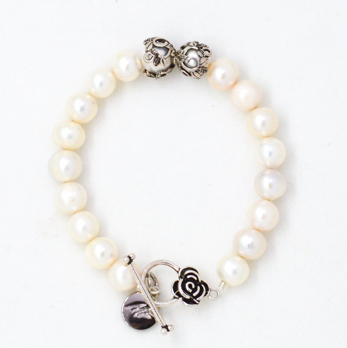 White Pearl Silver Toggle Clasp Bracelet