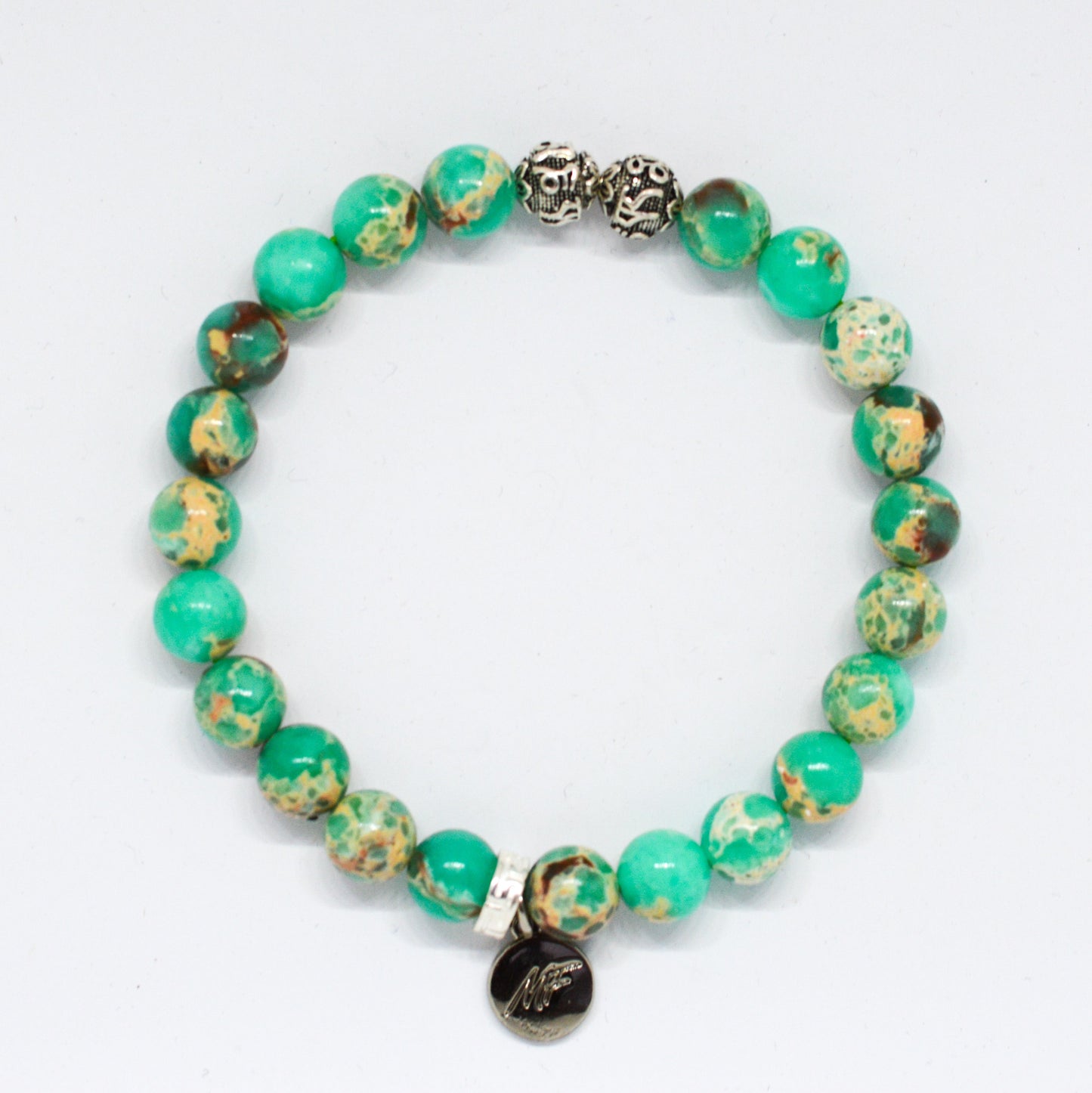 Green Hued Jasper Stone Silver Bead Bracelet (8 MM)