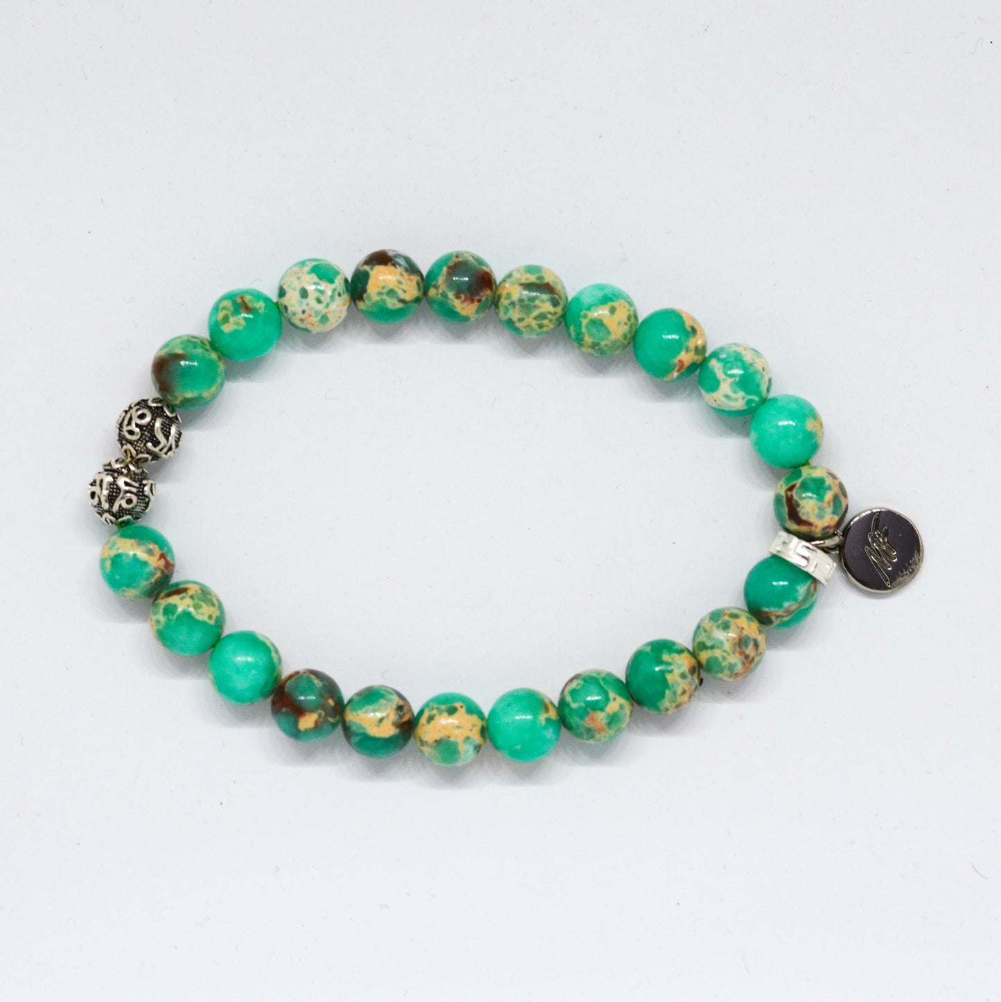 Green Hued Jasper Stone Silver Bead Bracelet (8 MM)