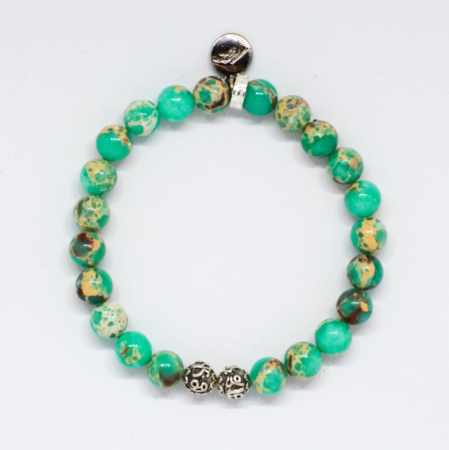 Green Hued Jasper Stone Silver Bead Bracelet (8 MM)