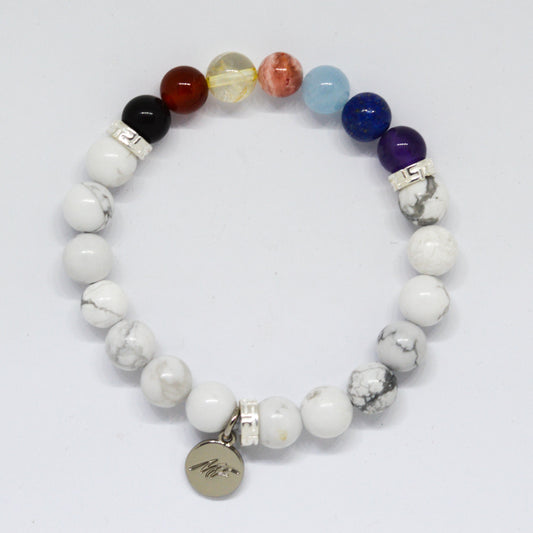 7 CHAKRA White Howlite Silver Bead Bracelet (8 MM)