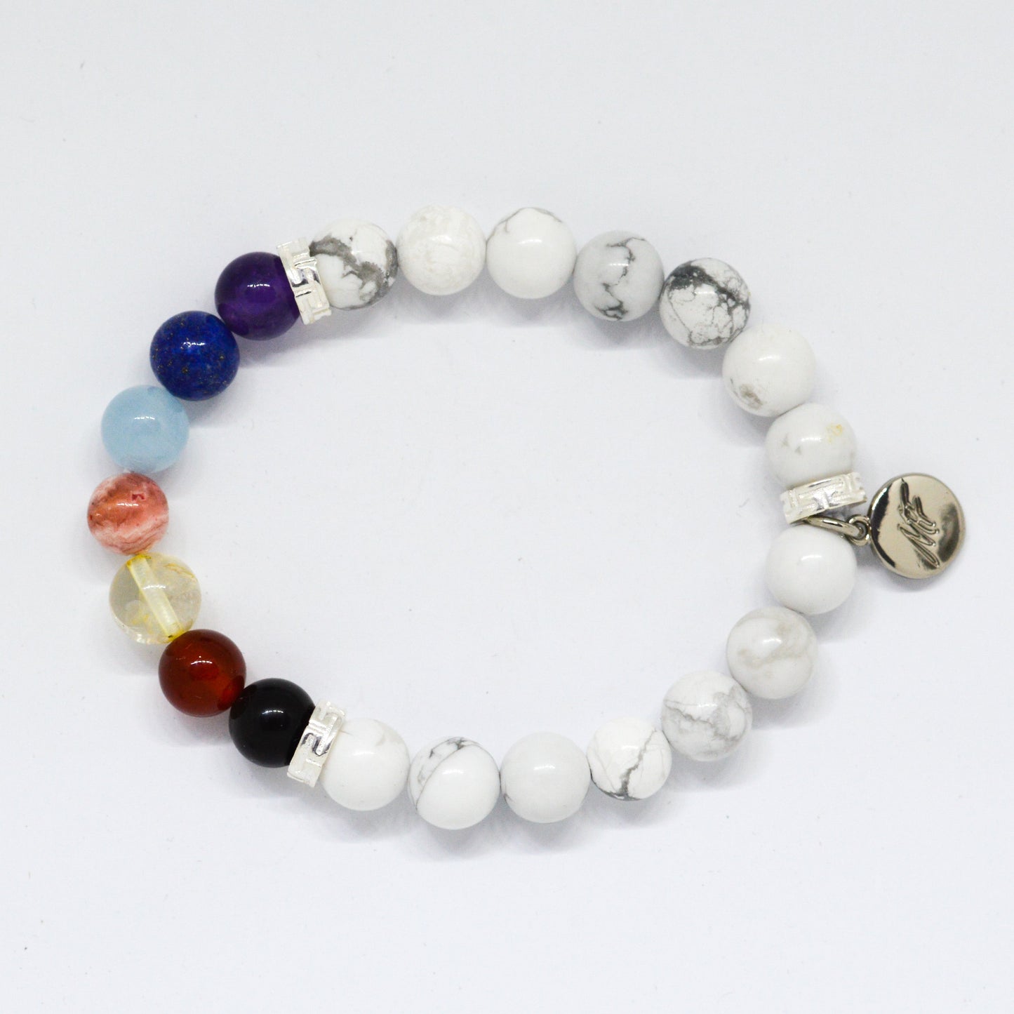 7 CHAKRA White Howlite Silver Bead Bracelet (8 MM)