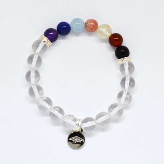 7 CHAKRA Clear Quartz Silver Bead Bracelet (8 MM)