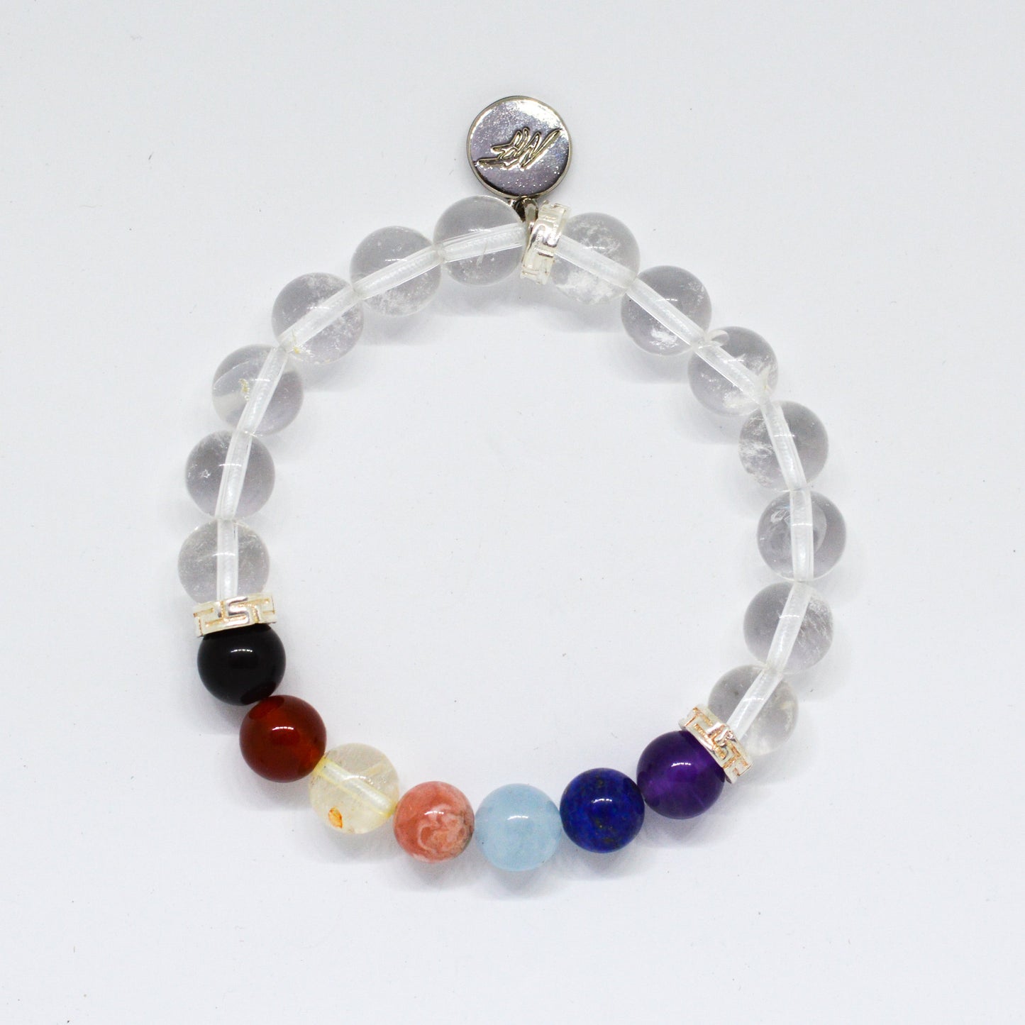 7 CHAKRA Clear Quartz Silver Bead Bracelet (8 MM)