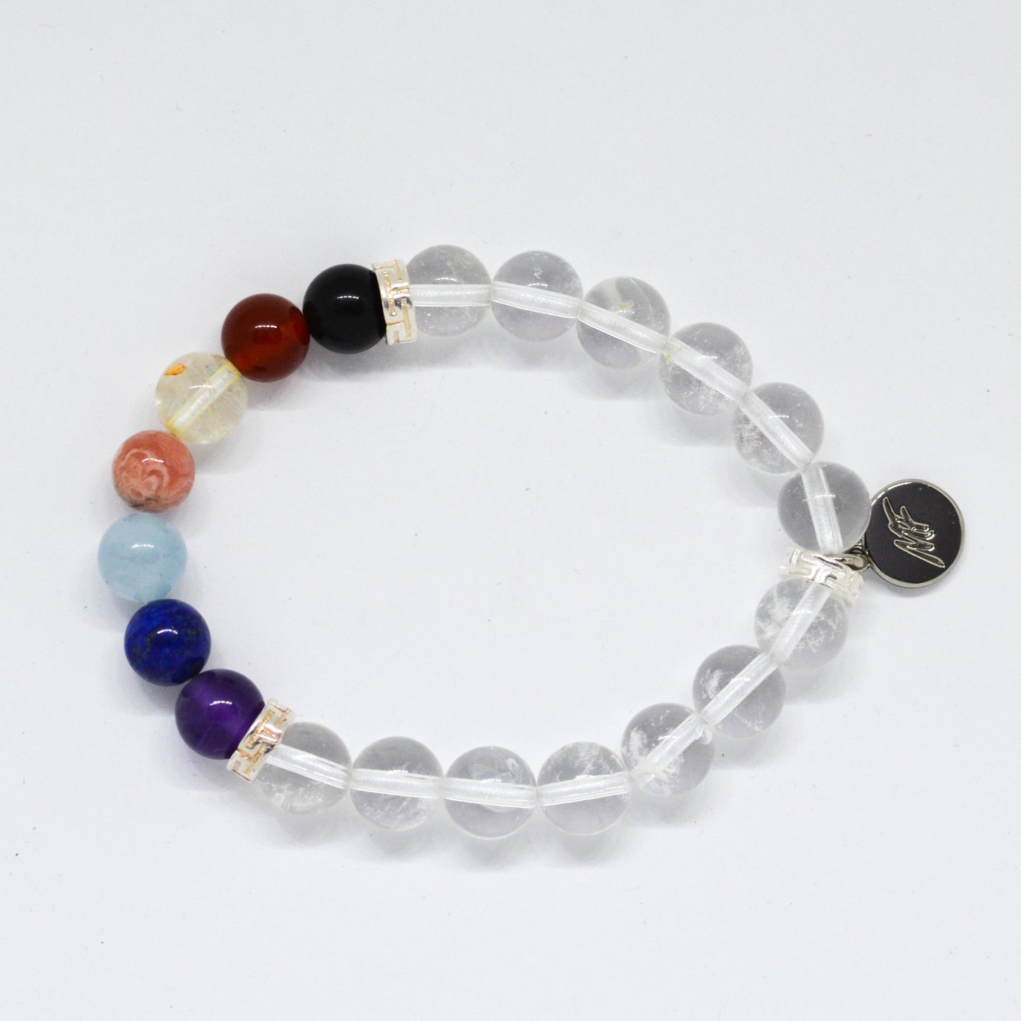 7 CHAKRA Clear Quartz Silver Bead Bracelet (8 MM)