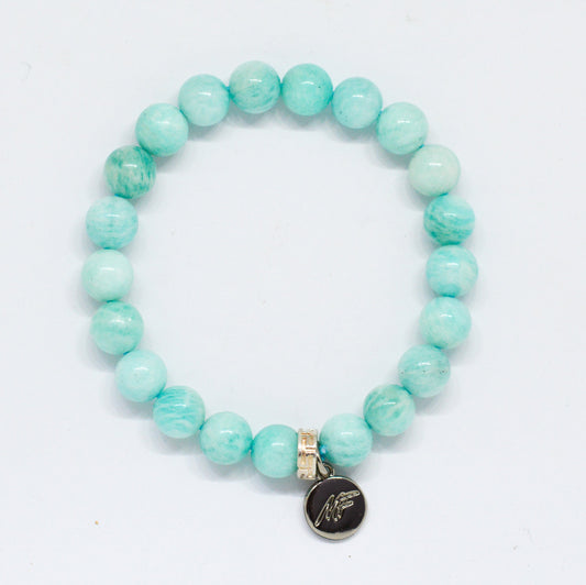 Amazonite Stone Flat Silver Bead Bracelet (8 MM)