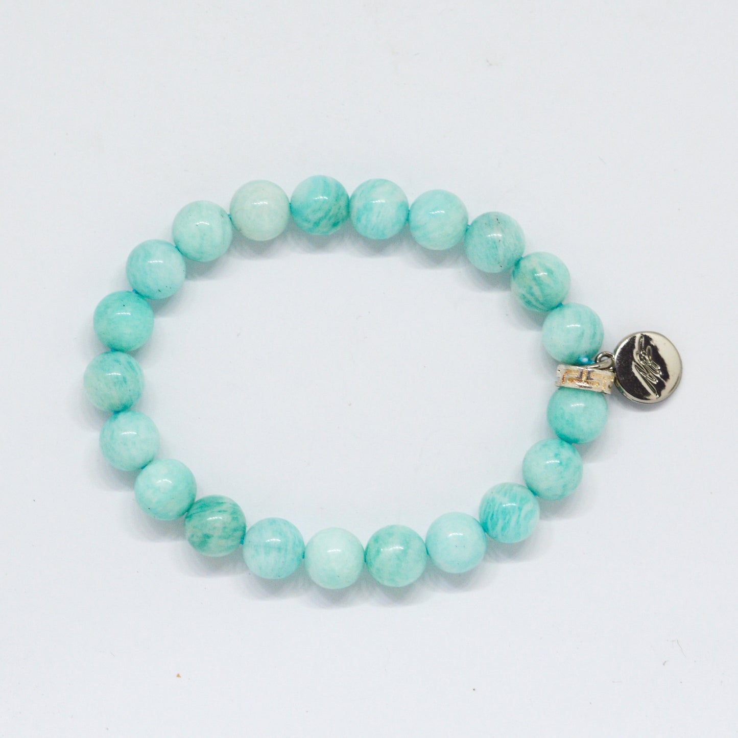 Amazonite Stone Flat Silver Bead Bracelet (8 MM)