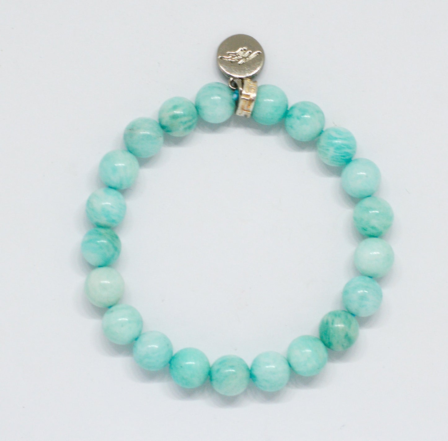 Amazonite Stone Flat Silver Bead Bracelet (8 MM)