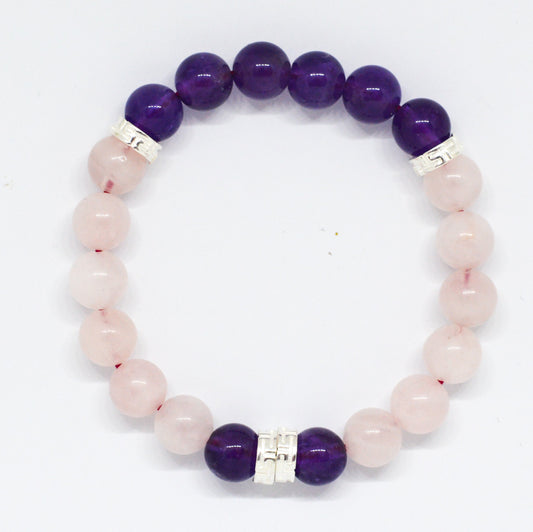 Rose Quartz & Amethyst Silver Bead Bracelet