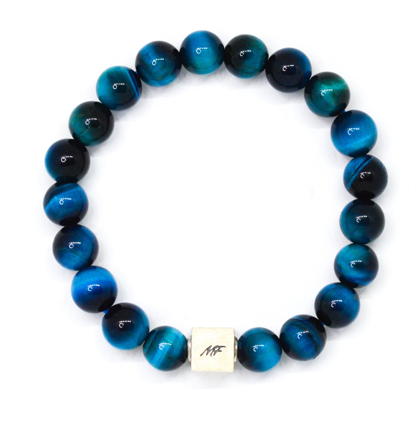 Blue Tiger Eye Infinity Silver Bead Bracelet (8 MM)