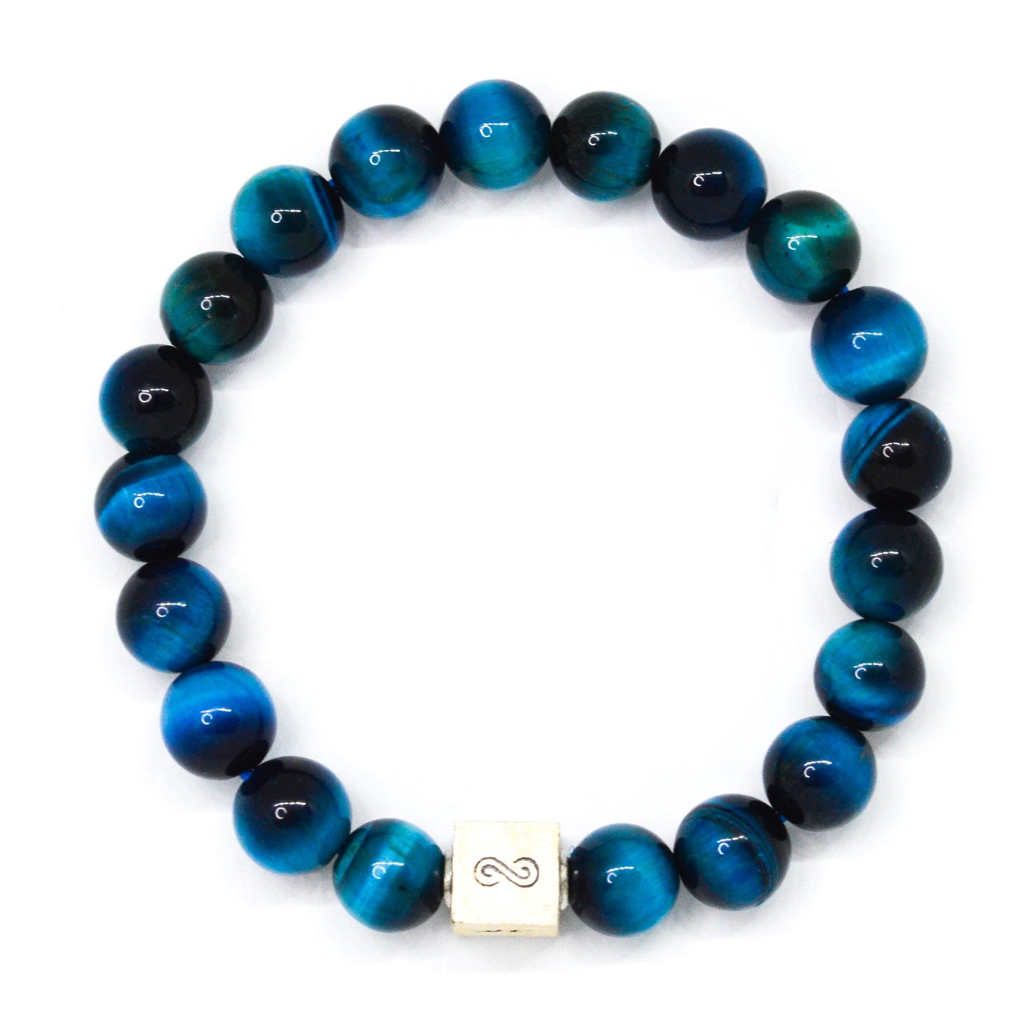 Blue Tiger Eye Infinity Silver Bead Bracelet (8 MM)