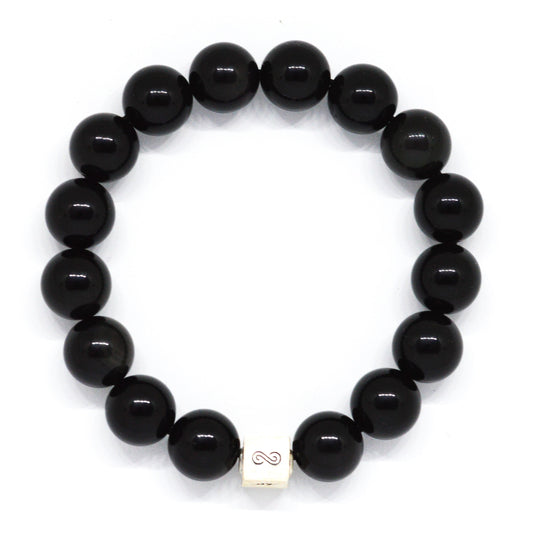 Black Obsidian Infinity Silver Bead Bracelet (12 MM)