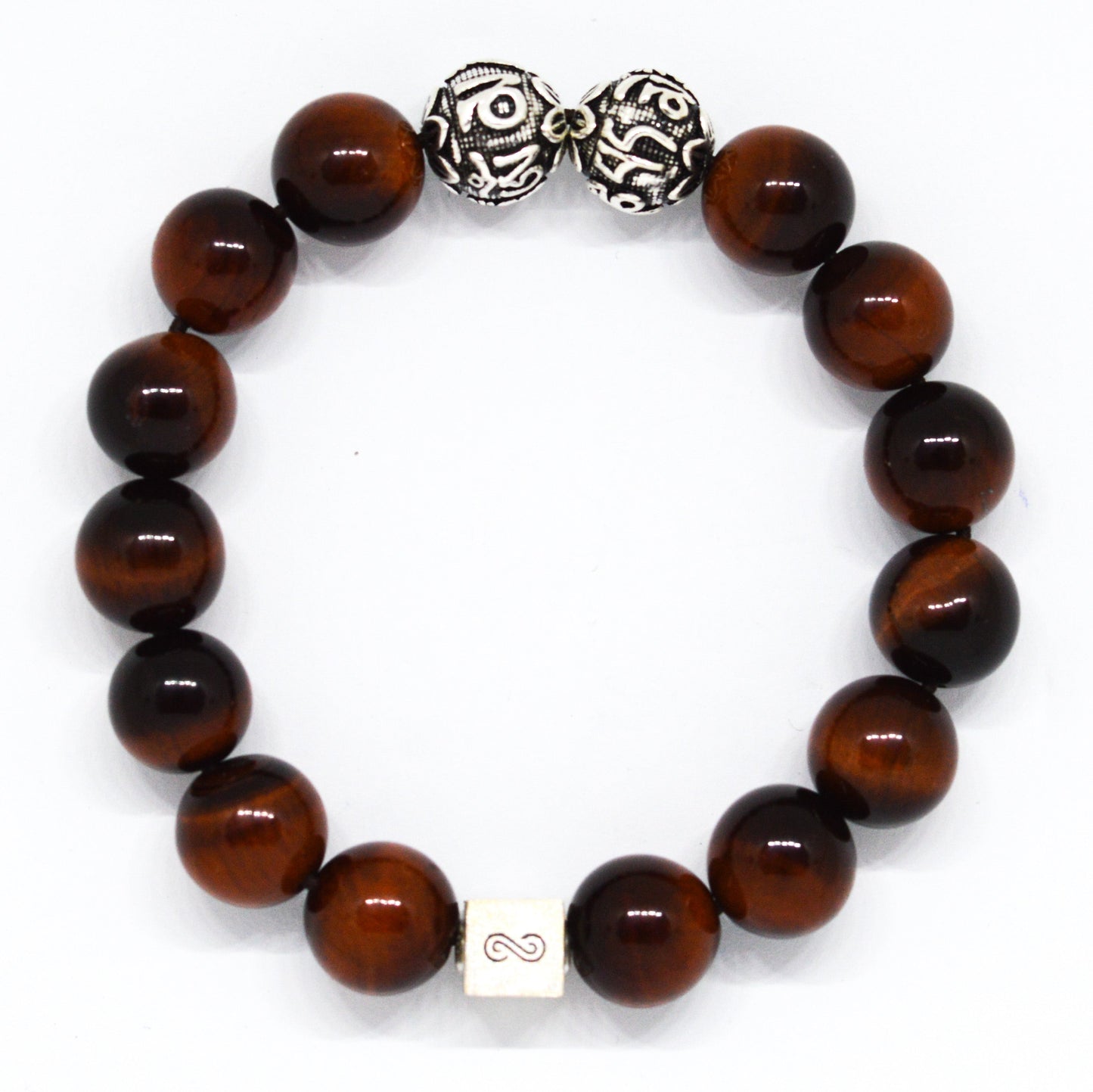 Red Tiger Eye Round Infinity Silver Bracelet (12 MM)