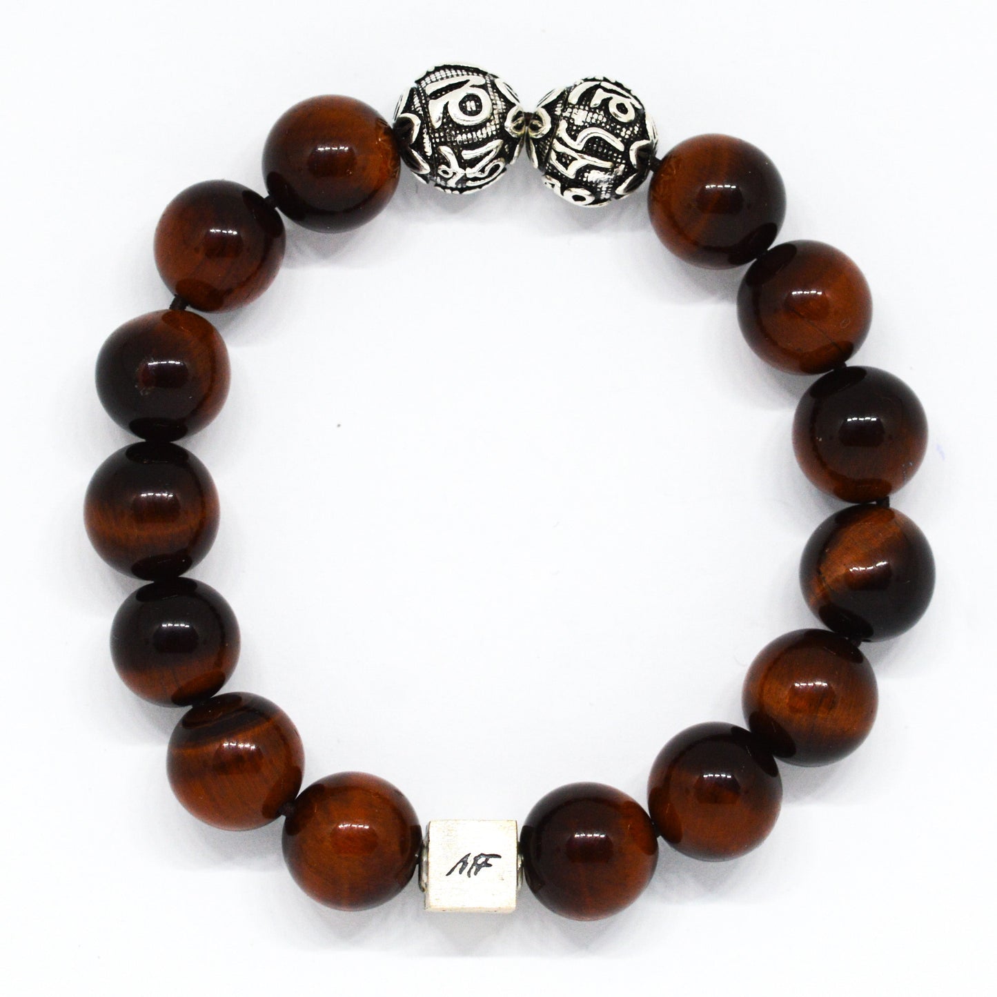 Red Tiger Eye Round Infinity Silver Bracelet (12 MM)