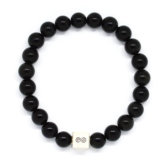 Black Obsidian Infinity Silver Bead Bracelet (8 MM)