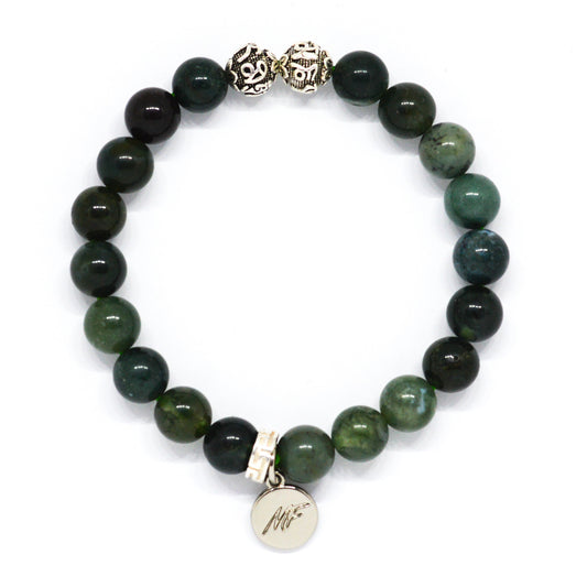 Moss Agate Stone Silver Bead Bracelet (8 MM)