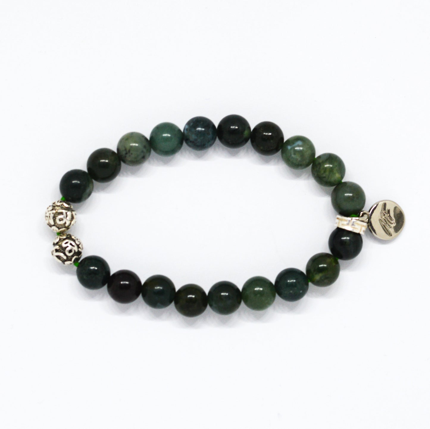 Moss Agate Stone Silver Bead Bracelet (8 MM)