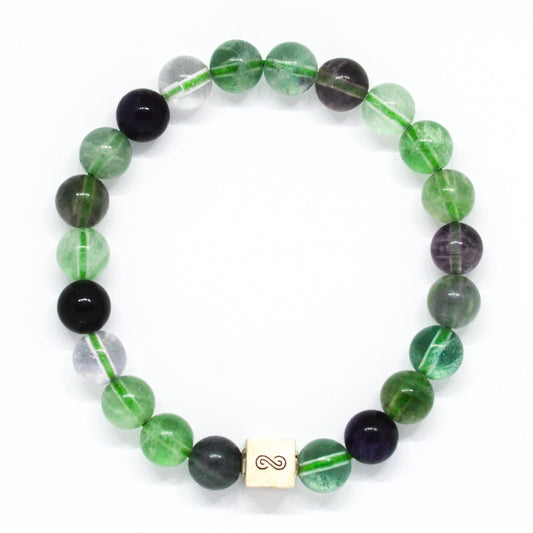 Rainbow Flourite Infinity Silver Bead Bracelet (8 MM)